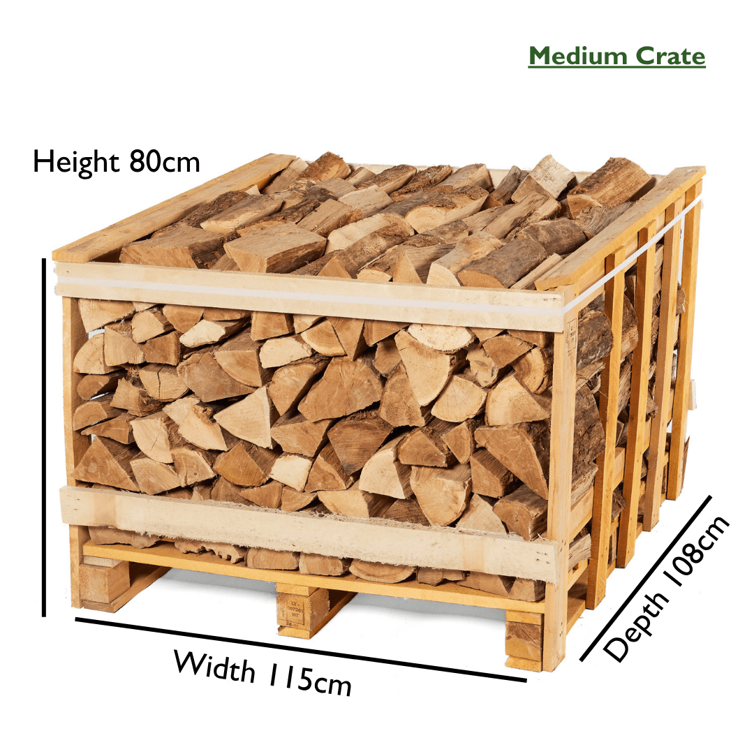 Wooden crate filled with firewood with dimensions labeled on a white background
