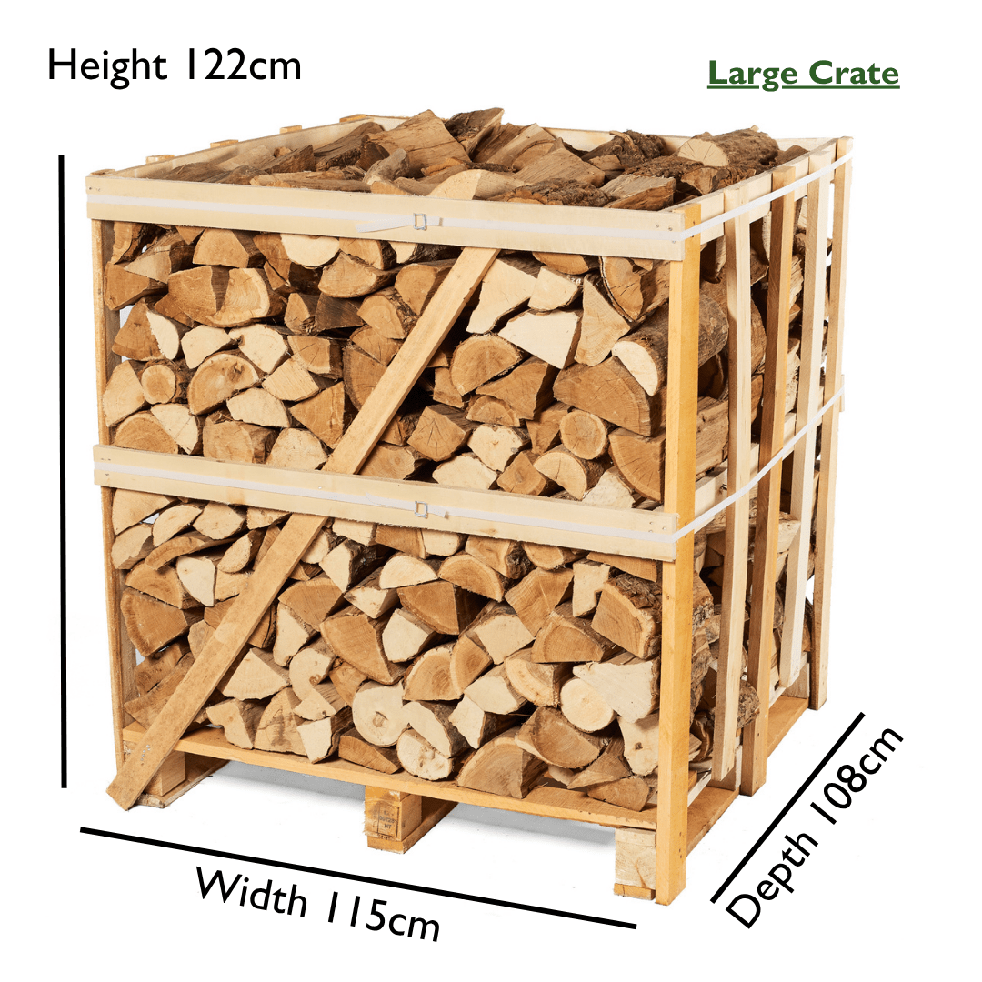 Wooden crate filled with firewood with dimensions labeled