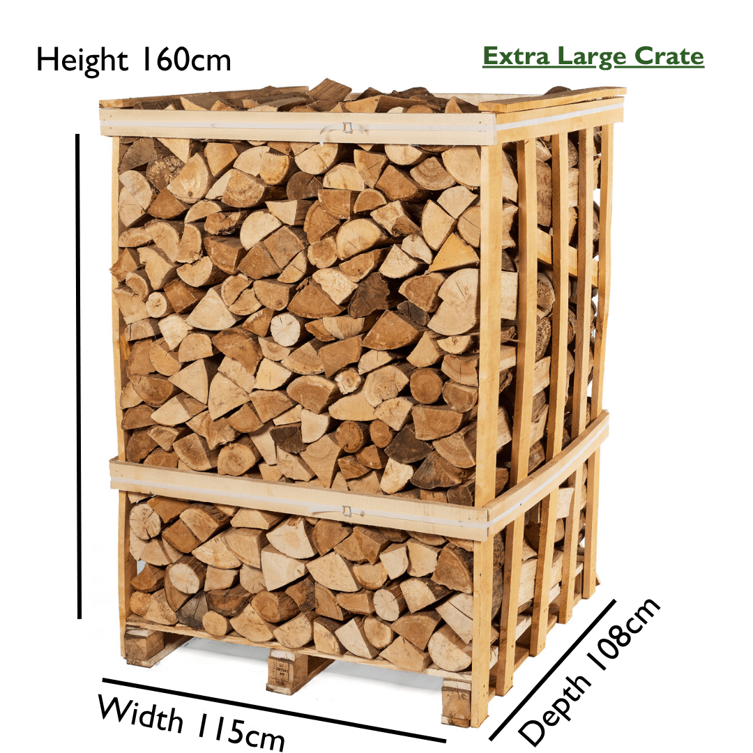 Stack of firewood in a wooden crate with dimensions labeled