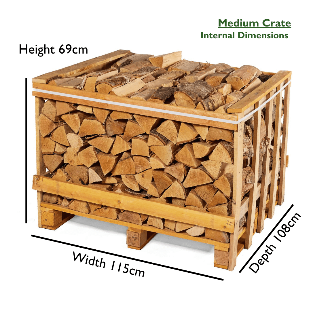 Wooden crate filled with firewood with dimensions labeled