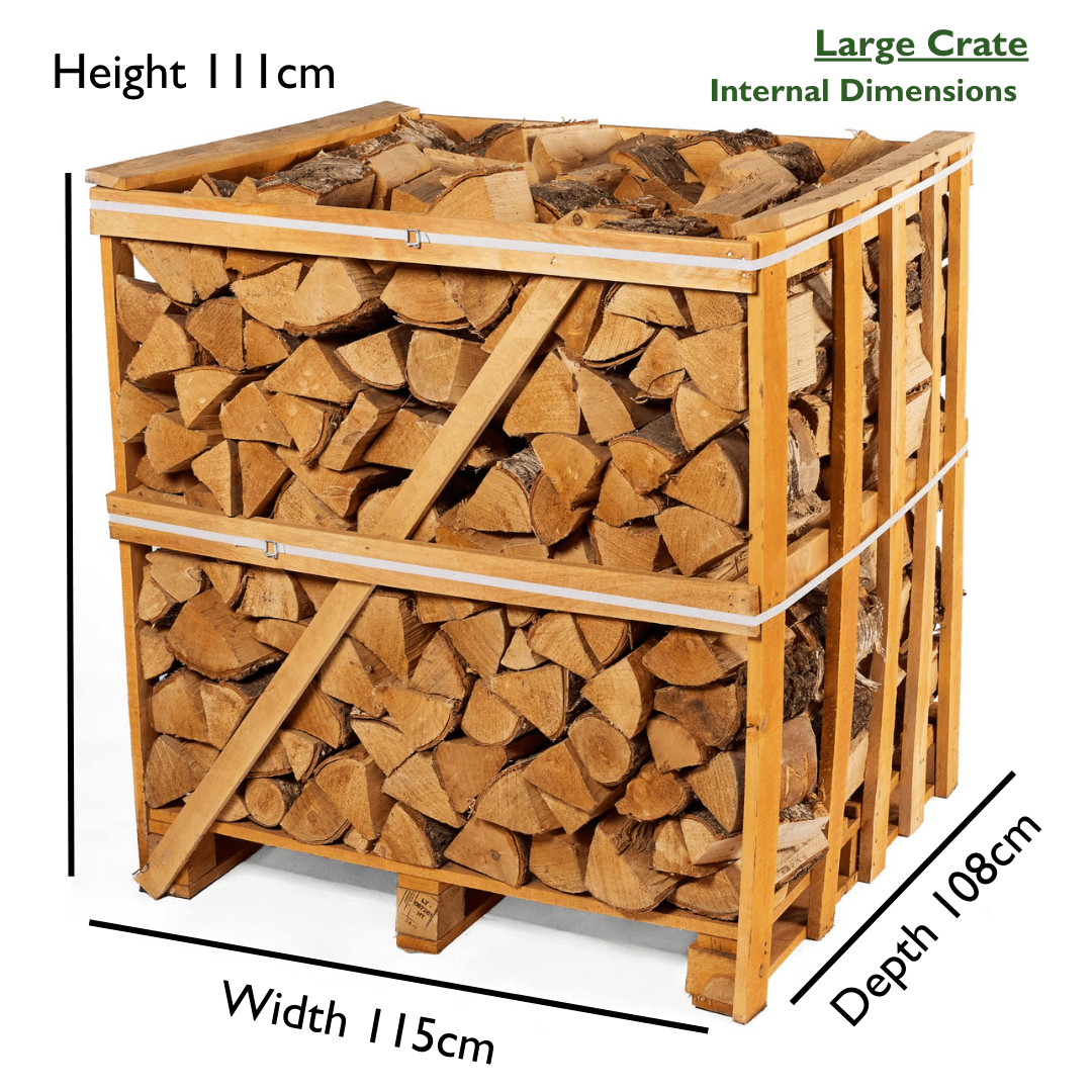 Wooden crate filled with firewood with dimensions labeled on a white background