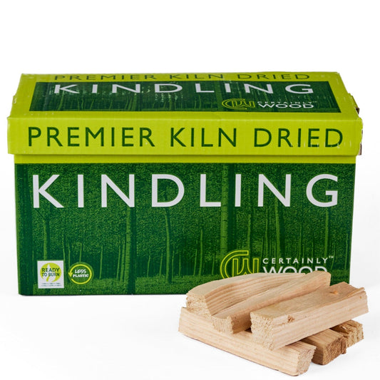 Box of Premier Kiln Dried Kindling with wooden kindling sticks on a white background