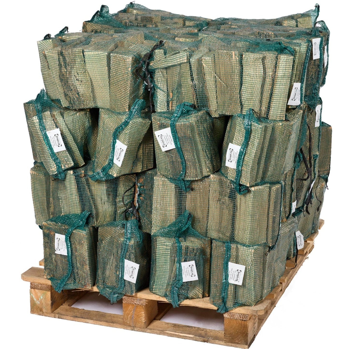 Stack of green mesh bags on a wooden pallet with white labels.