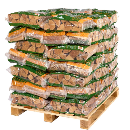 Stack of firewood packs on a wooden pallet with a white background