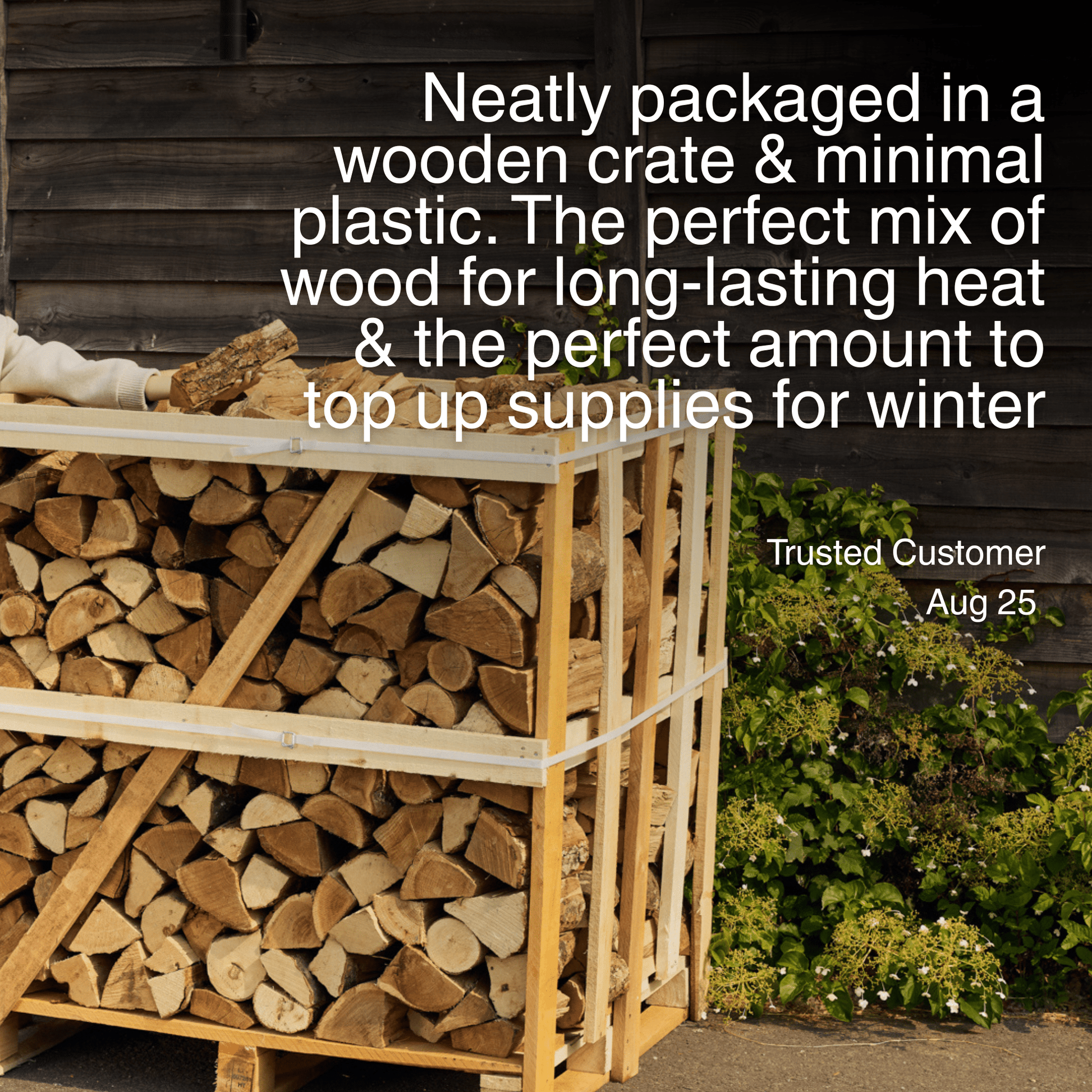 Stack of firewood in a wooden crate with text overlay of benefits of ash firewood crates