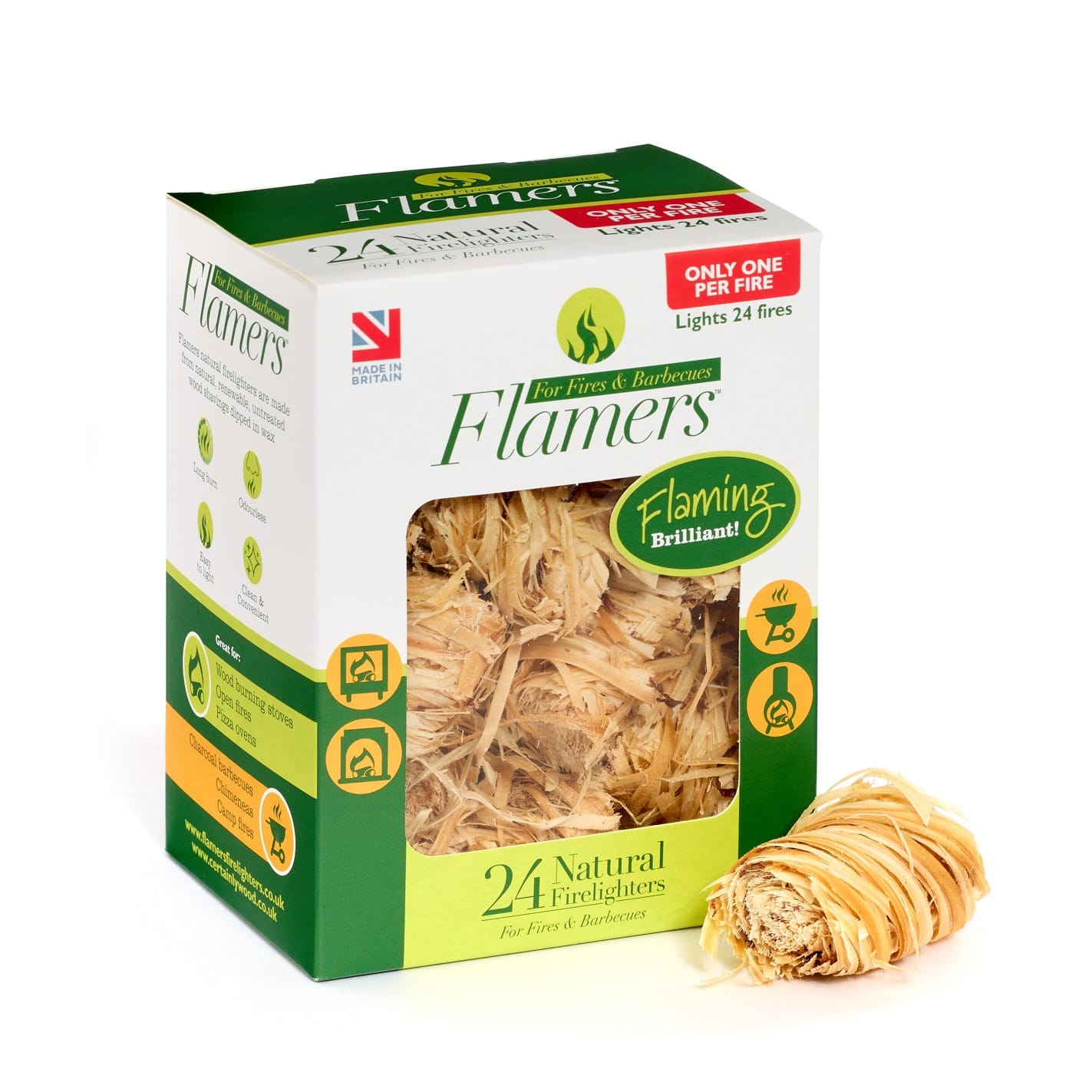 Box of Flamingo firelighters with a small bundle of firelighters on a white background