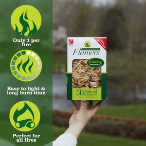 Flamers are easy to light and havea  logn burn time. They are natural firelighters