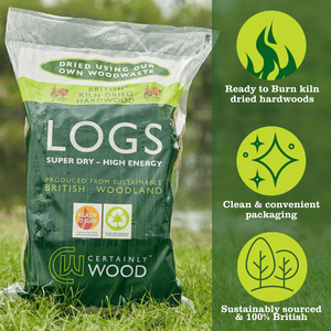 Small bags of kiln dried hardwood logs which are ready to burn approved