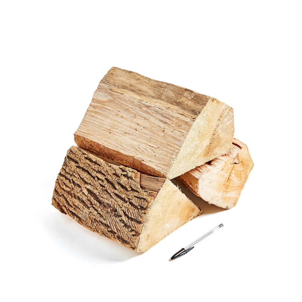 Three logs, arranged on a white background with a standard biro pen placed in front for scale.