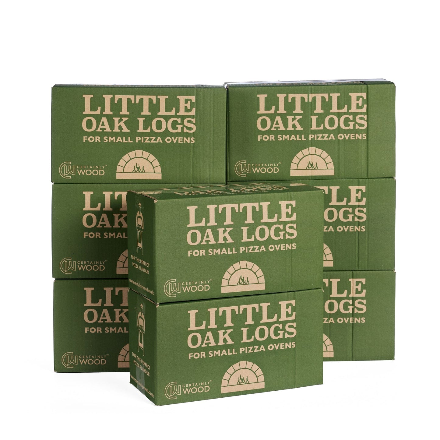 Stack of green boxes labeled 'Little Oak Logs for Small Pizza Ovens' on a white background