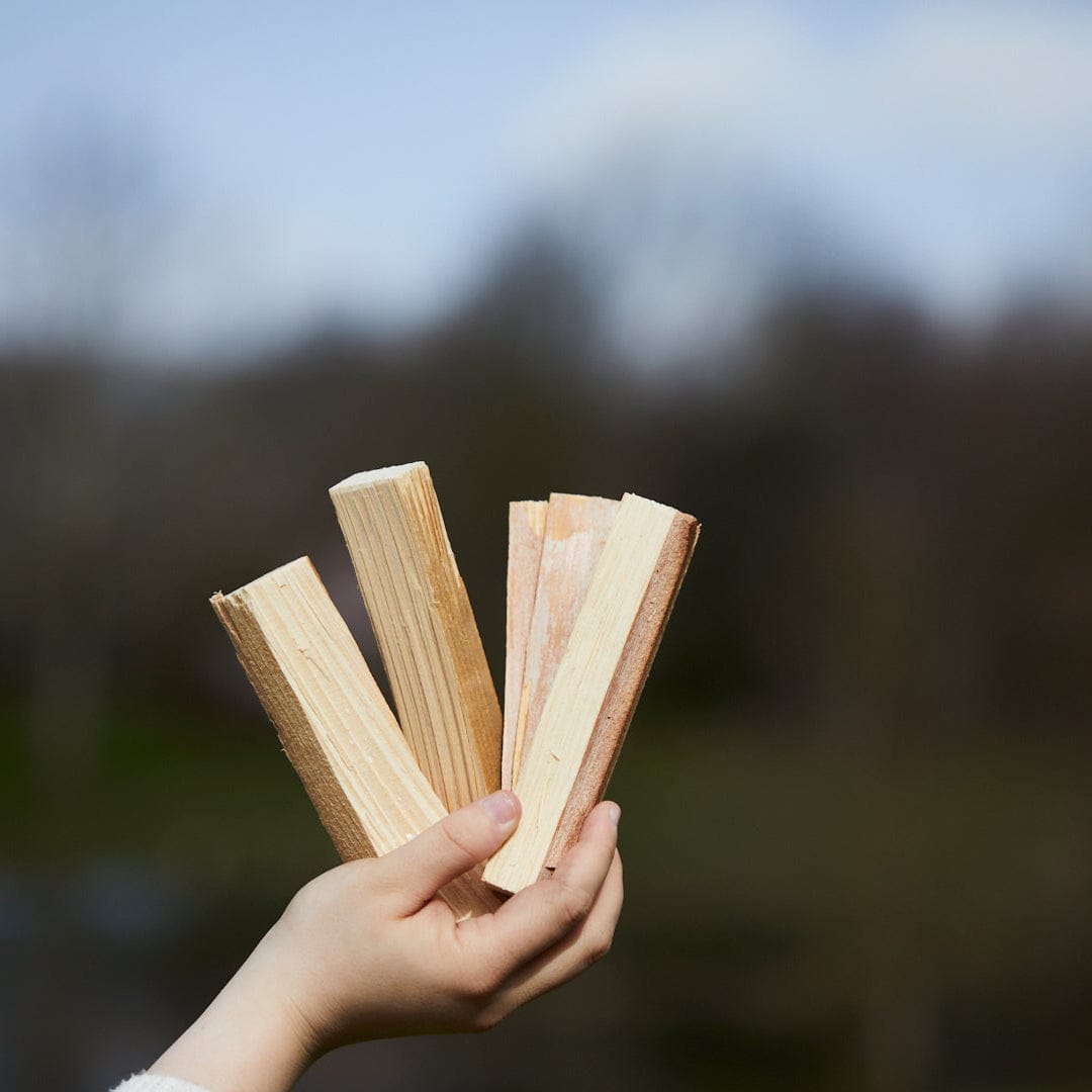 Hand holding four wooden planks against a blurred natural background