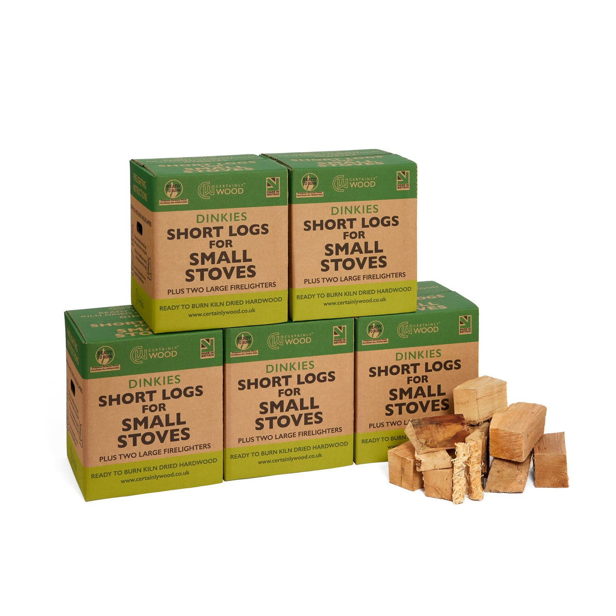 Boxes of 'Dinkies Short Logs for Small Stoves' with wooden logs on a white background