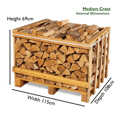 Wooden crate filled with firewood with dimensions labeled