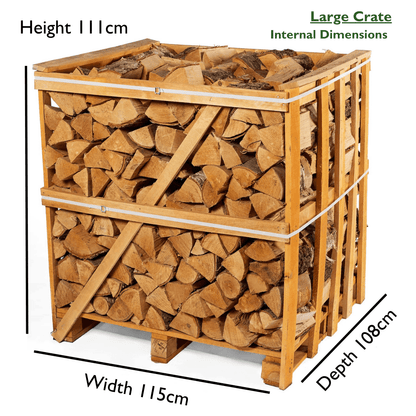 Wooden crate filled with firewood with dimensions labeled on a white background