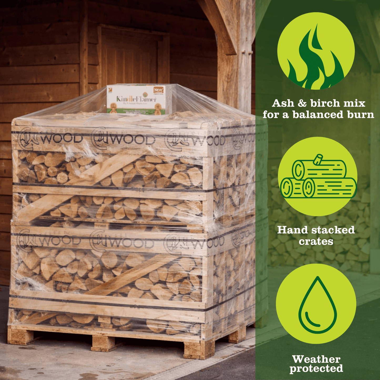 Firewood crates stacked on top  of each other. Benefits of ash and birch alongside. 
