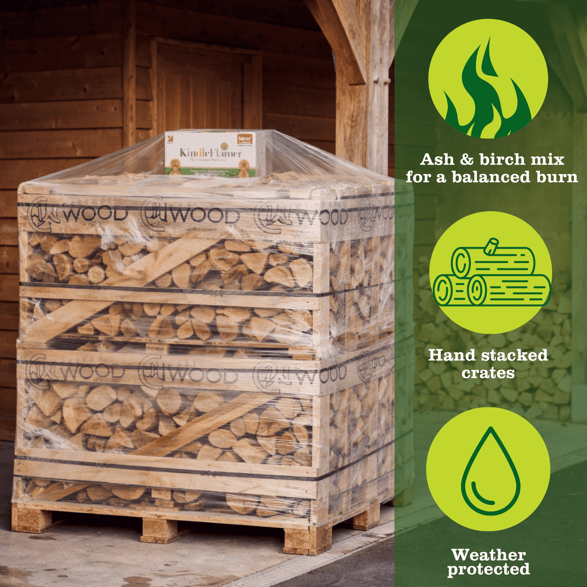 Firewood crates stacked on top  of each other. Benefits of ash and birch alongside. 