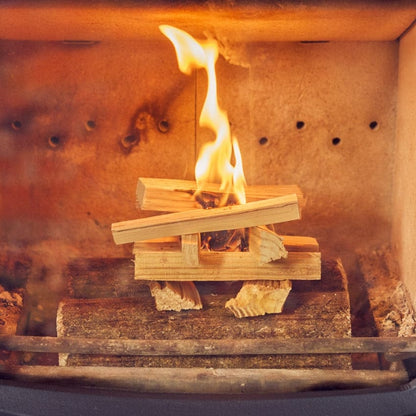 Wood burning in a stove with flames visible