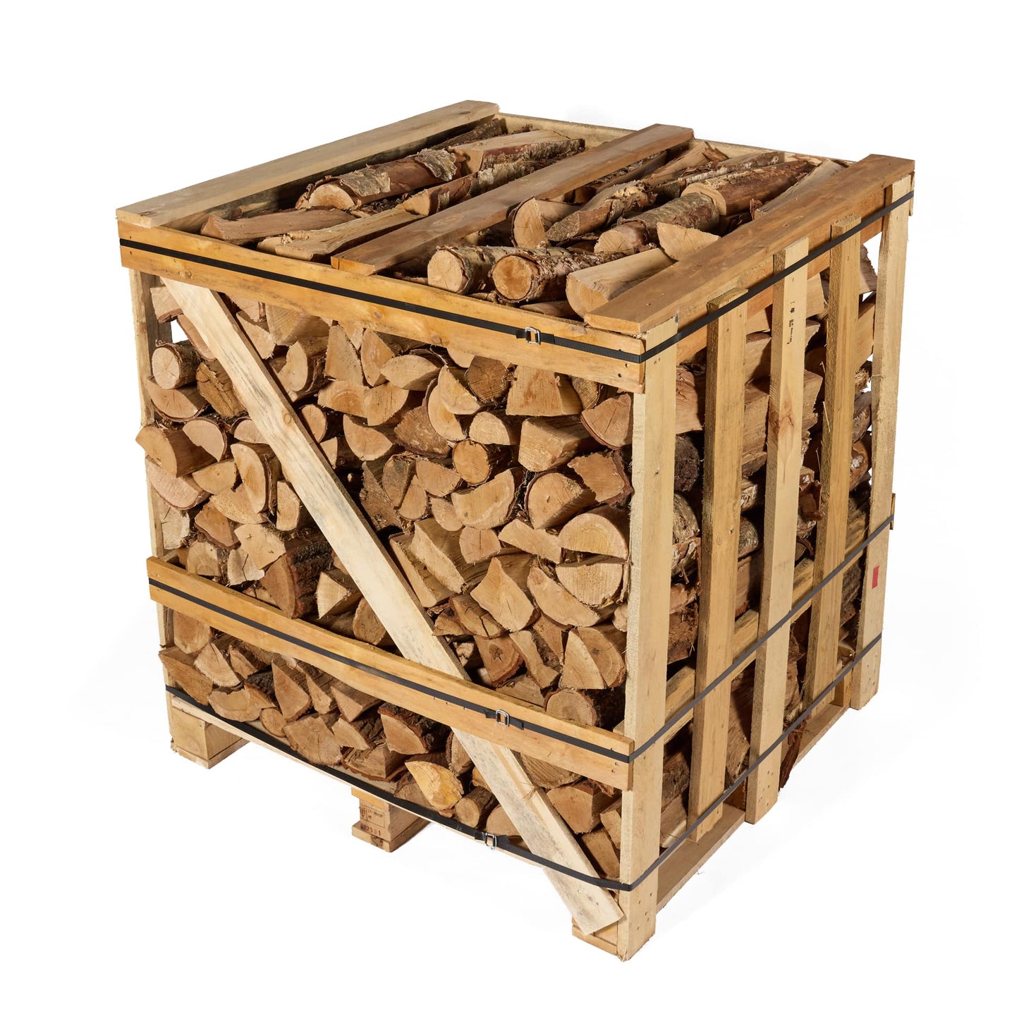 Stack of birch and oak firewood in a wooden crate on a white background