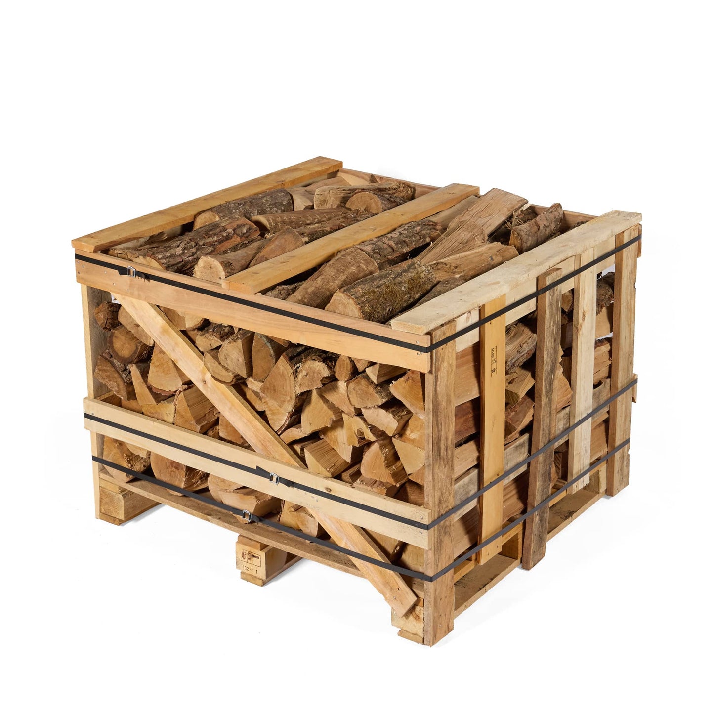 Wooden crate filled with birch and oak firewood on a white background