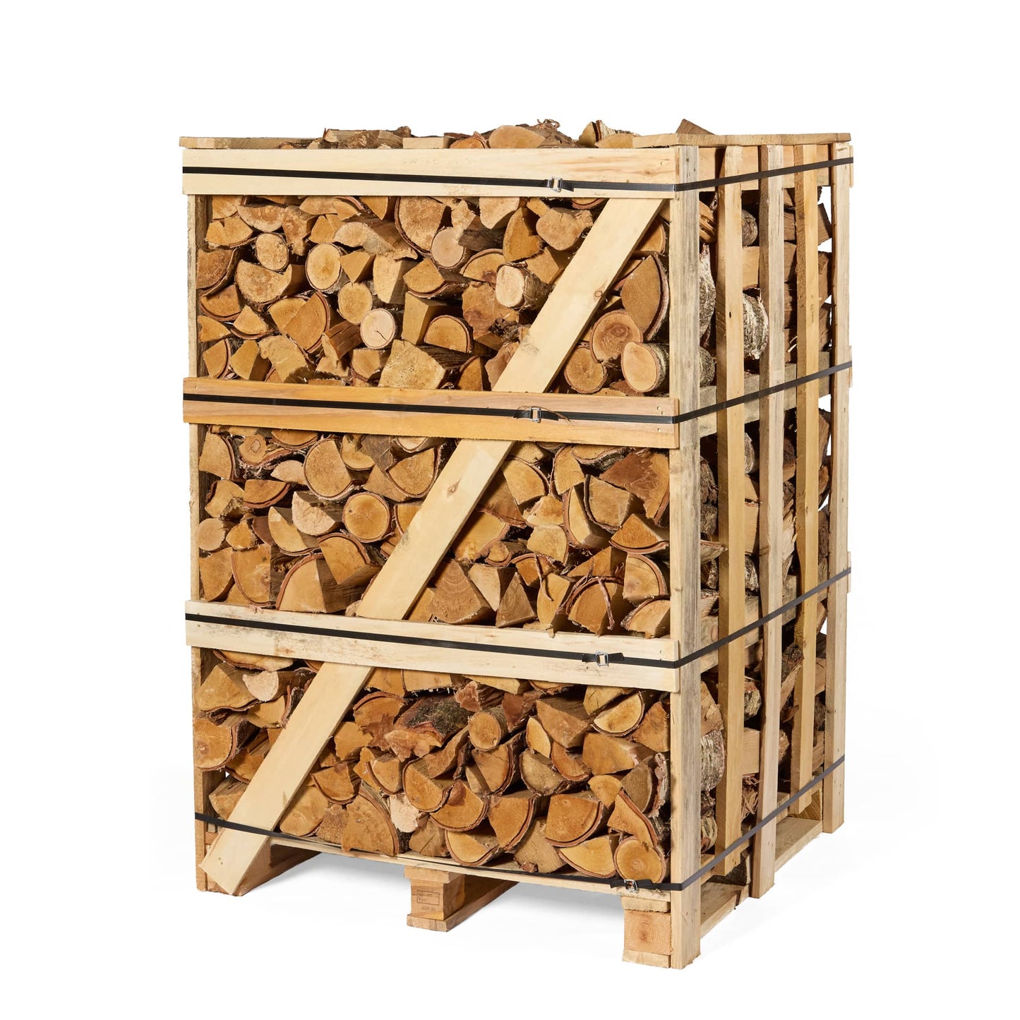 an extra large crate of stacked birch and oak firewood 