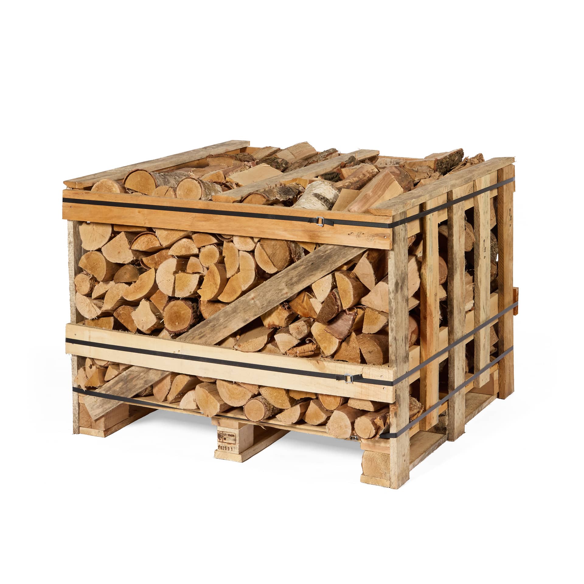 Wooden crate filled with birch and oak stacked firewood on a white background