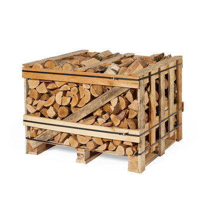 Wooden crate filled with birch and oak stacked firewood on a white background