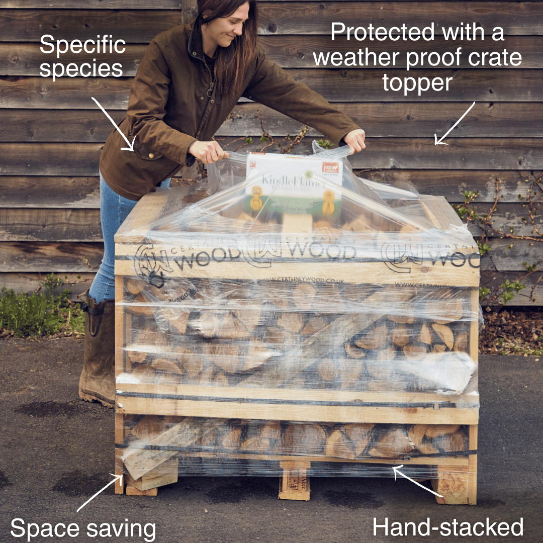 person unloading a kiln dried ash and birch crate