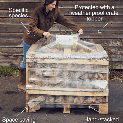 person unloading a kiln dried ash and birch crate