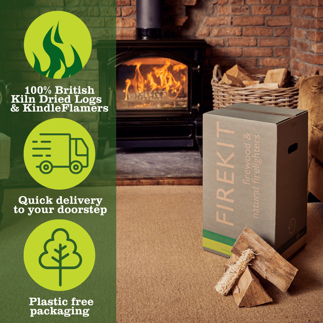 Firekits, logs in boxes, plastic free, ready to burn approved and quick delivery