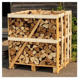 Stack of firewood in a wooden crate outdoors