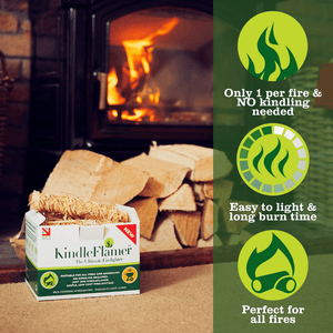 Natural woodwool firelighters that do no require kindling to light your fires: KindleFlamers