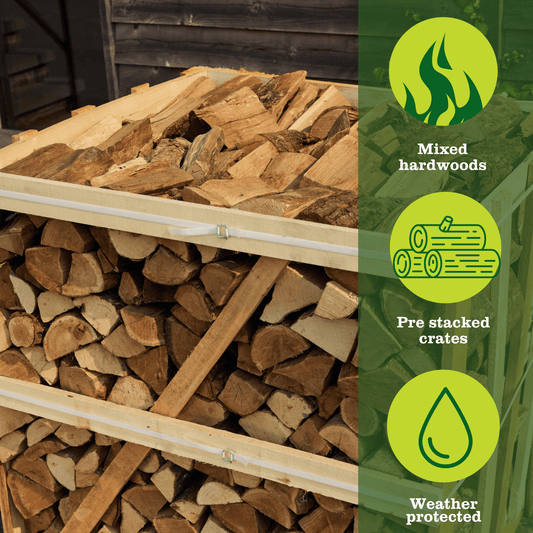 Stack of mixed hardwood firewood in a crate with benefits