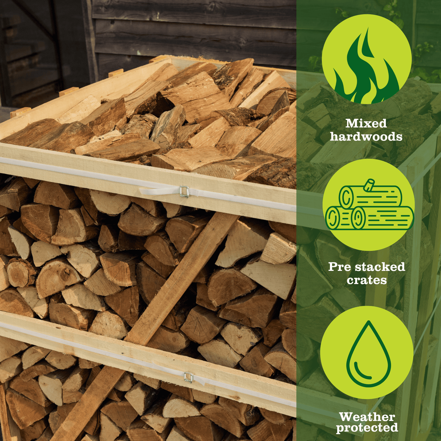 Stack of mixed hardwood firewood in a crate with benefits 