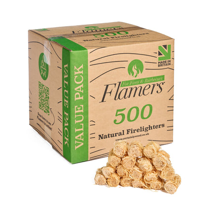 Box of Flamers natural firelighters with a value pack label, featuring a small pile of firelighters in front.