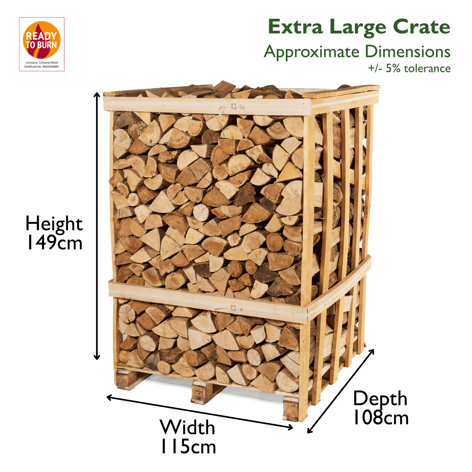 Extra large wooden crate filled with firewood, showing dimensions on a white background.