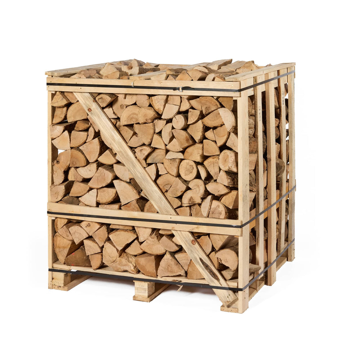 Wooden crate filled with stacked firewood on a white background