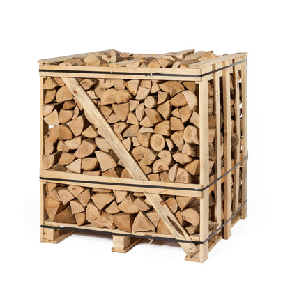 Wooden crate filled with stacked firewood on a white background