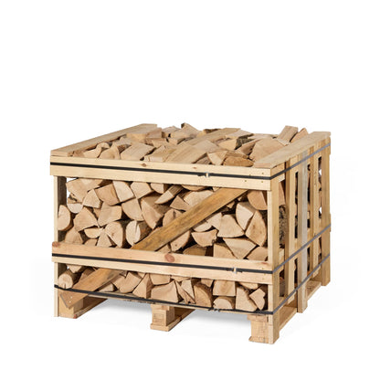 Wooden crate filled with firewood on a white background