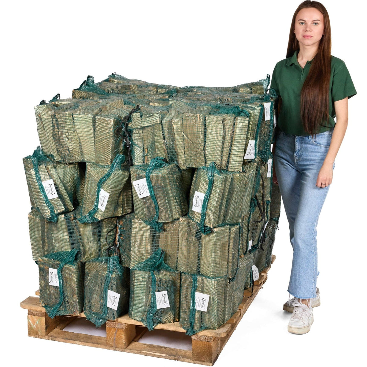 a woman by a pallet of 40 nets