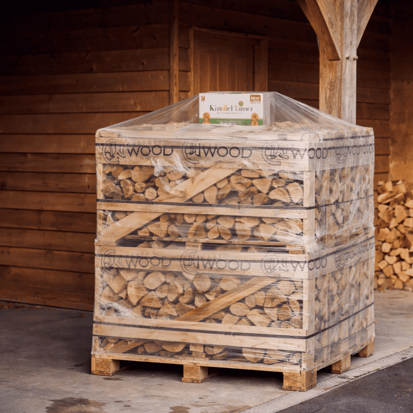 Stack of firewood in a wooden crate, set against a wooden wall.