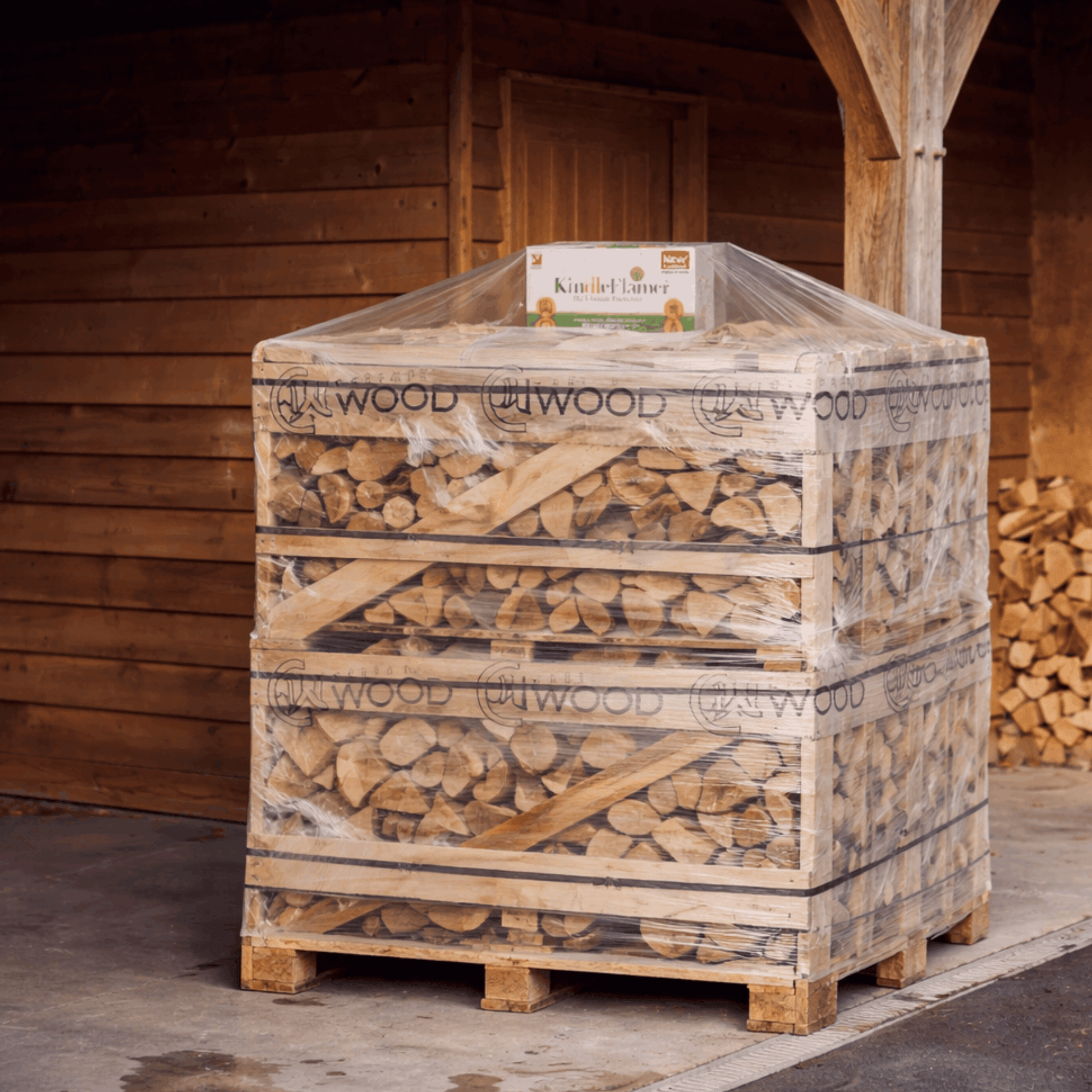 Stack of firewood in a wooden crate, set against a wooden wall.