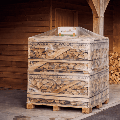 Stack of firewood in a wooden crate, set against a wooden wall.