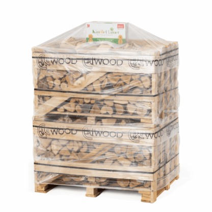 Ash and birch stacked crates with pallet wrap ready for delivery. 