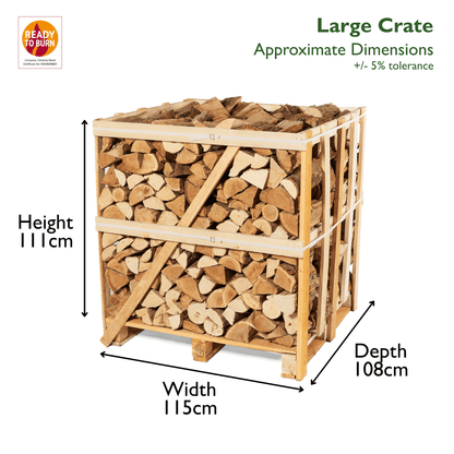 Wooden crate filled with firewood with dimensions labeled on a white background