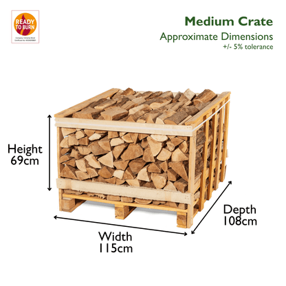 Wooden firewood crate with dimensions labeled on a white background
