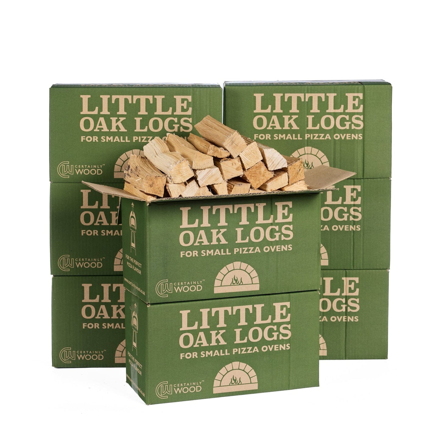 Green boxes of Little Oak Logs for small pizza ovens with logs inside on a white background