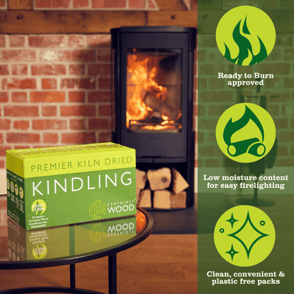 Box of kindling with a fireplace in the background, featuring Certamed Wood branding.