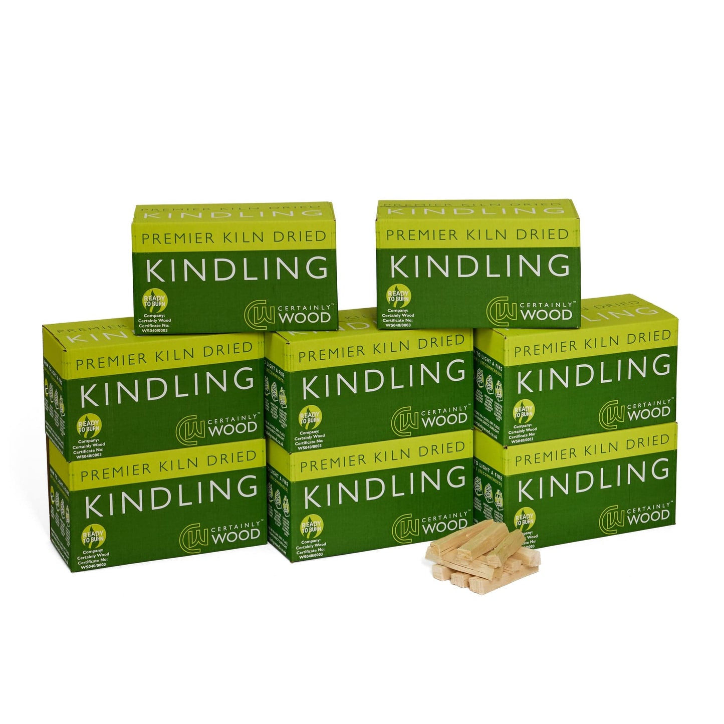 Multiple boxes of 'Premier Kiln Dried Kindling' with kindling pieces on a white background