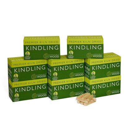 Multiple boxes of 'Premier Kiln Dried Kindling' with kindling pieces on a white background