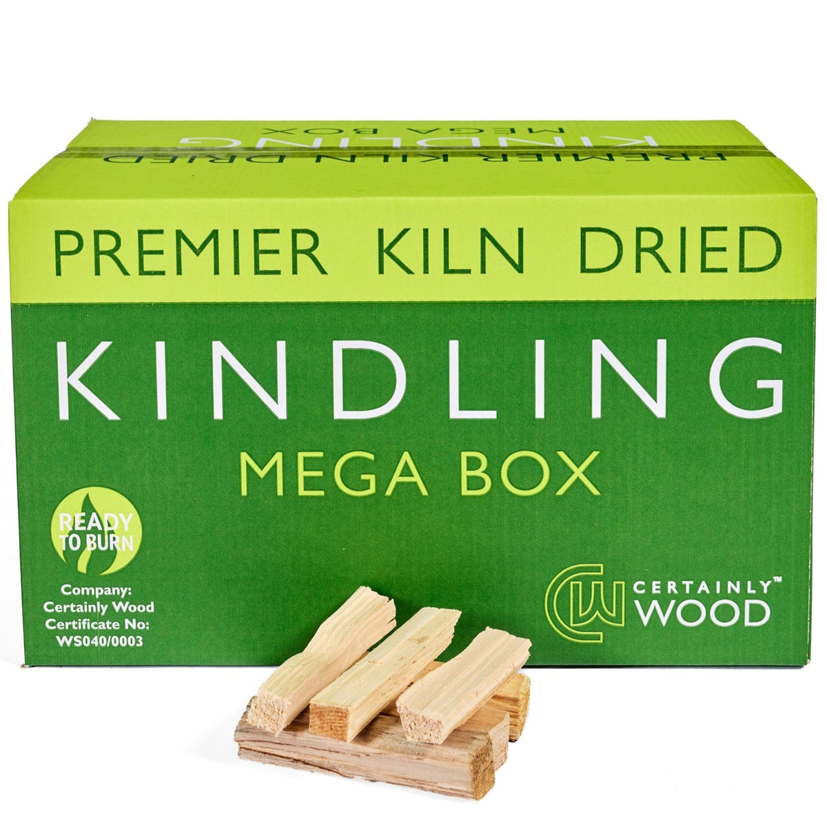 Green box of Premier Kiln Dried Kindling with wooden kindling sticks on a white background